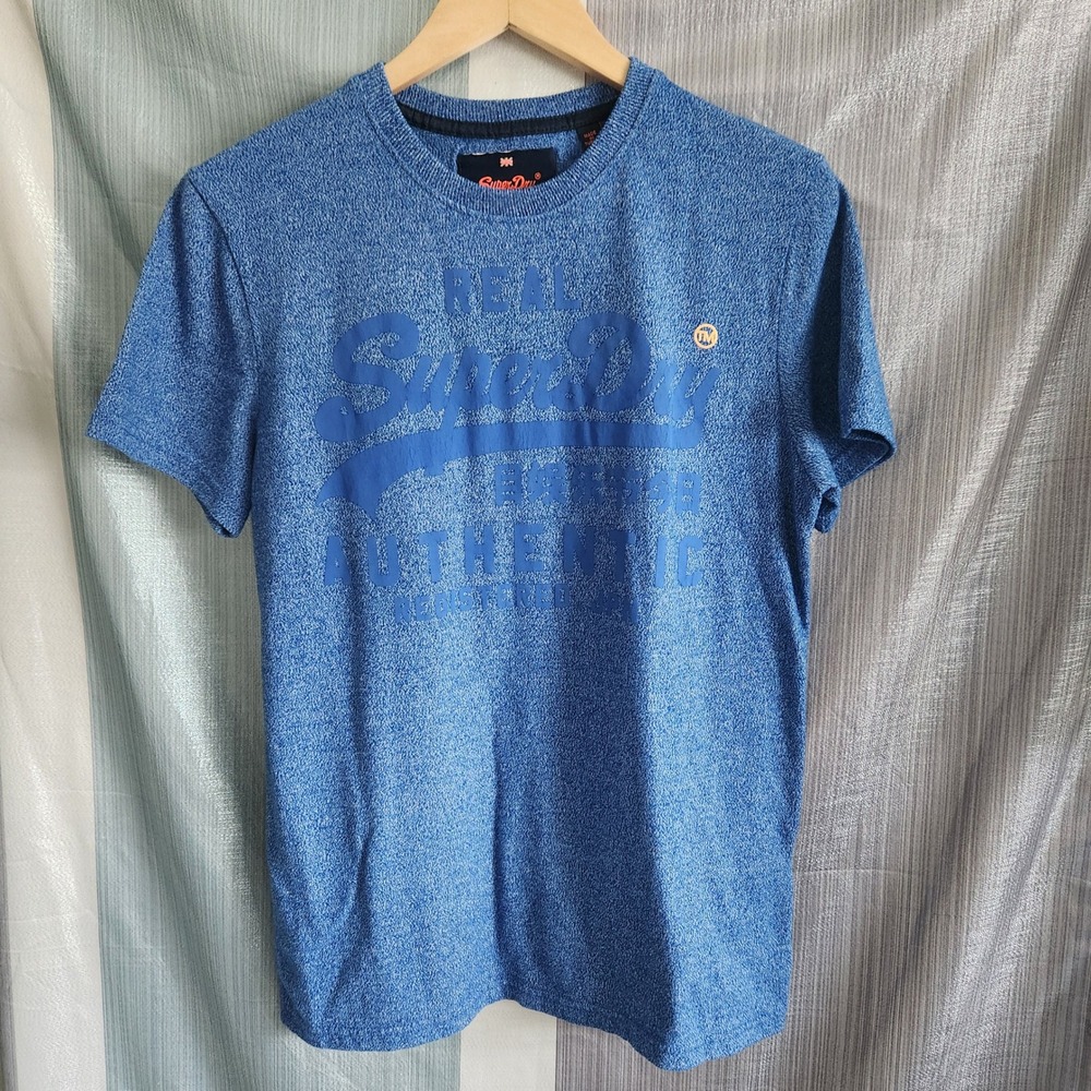 Superdry Mens Real Authentic T-Shirt Blue Marl M Japan Spell Out Logo Streetwear
